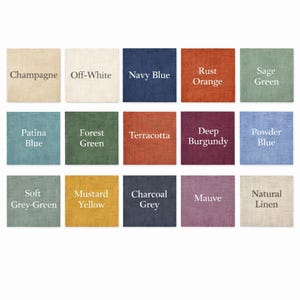 Pode incluir: Uma grade de quinze amostras de tecido quadradas com uma trama texturizada. Cada amostra est&aacute; rotulada com o nome da cor: Champagne, Off-White, Navy Blue, Rust Orange, Sage Green, Patina Blue, Forest Green, Terracotta, Deep Burgundy, Powder Blue, Soft Grey-Green, Mustard Yellow, Charcoal Grey, Mauve e Natural Linen.