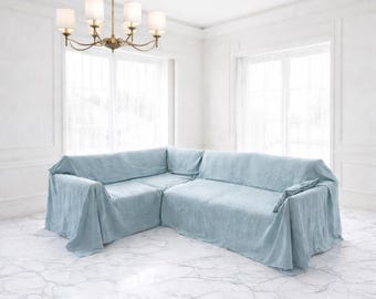 Funda de sofá de lino azul patinado, funda flexible lavada para sofá, manta para sofá a medida, funda de sofá de lino europeo.