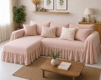 Loose Fit Linen Ruffle L Shape, U Shape Sofa Cover, Custom Sectional Couch Slipcover, Farmhouse Linen Sofa Protector, Skirted Couch Cover