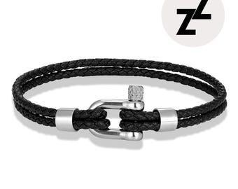 Lederarmband mit schwarzem und silbernem Edelstahl-Bügelverschluss