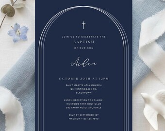 Plantilla de Canva para invitación de bautizo de niño moderno en azul marino, invitación minimalista editable para bautizo de niño, descarga digital editable de Canva