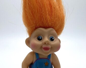 Vintage Applause Baby Magic Troll Doll - Orange Hair - Blue Overalls - 1991 - 1990s Toys