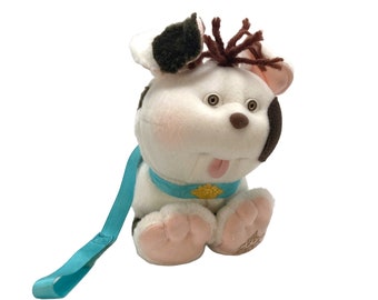 Vintage Cabbage Patch Kids Pets - Plush Dog - 1986 - White Puppy with Brown and Gray spots - Blue Leash - CPK - Puppy