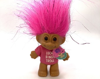 Vintage Russ Lucky Bingo Troll Doll - Pink Hair - Brown Eyes - Rub Hair for Good Luck - '90s Trolls - Sparkly Hair - Bingo Lucky Charm