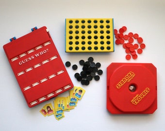 Vintage 1980s Travel Board Games - Guess Who? - Connect Four - Pop-O-Matic Trouble - 1981 1986 1989 - Set of 3 Travel Games - Milton Bradley