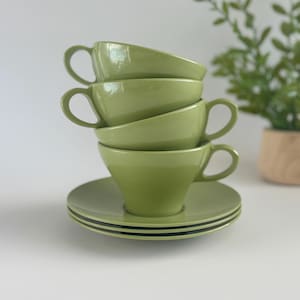 Vintage Green Texas Ware Melmac Cups & Saucers – Mid‑Century Melamine MCM - Avocado Green -  READ DESCRIPTION - 4 Cups + 3 Saucers