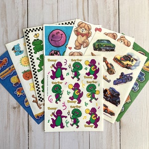 Vintage Sticker Sheets - 1980w 1990s Hallmark AGC Stickers - Barney + Baby Bop - Race Cars - Frogs - Fuzzy Teddy Bears - Sports - Kittens