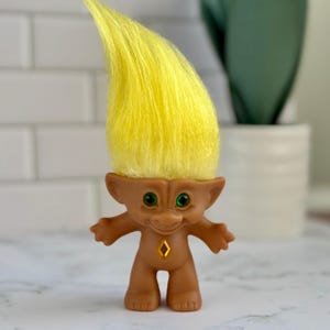 90s Ace Novelty Treasure Troll Doll with 90s •  Yellow Hair & Diamond Gem Belly •  Vintage Troll Toy •  Green Eyes • Small Troll