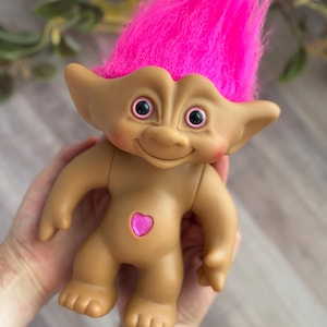 Large Vintage Ace Novelty Treasure Troll Doll  •  12 Inch • Pink Hair • Neon Outfit • Heart Gem Belly • 90s Troll