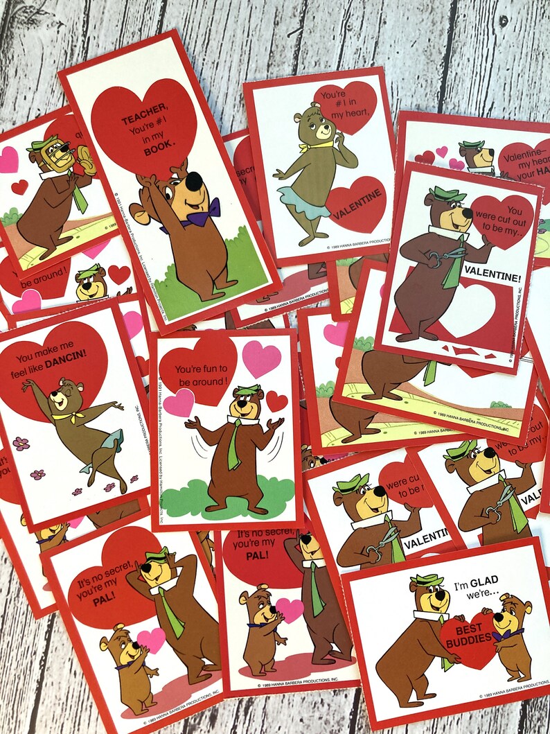 Set of 5 Random Vintage Yogi Bear Valentine's Day Cards 1989 Vintage Valentine's Day Cards Yogi Bear Boo-Boo Cindy Bear image 1