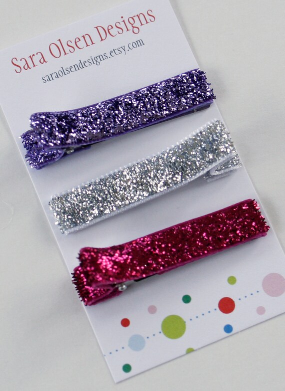 Items similar to Sparkly Hair Clips Clippies Set of 3 in Purple Silver