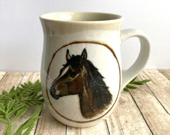 Vintage Pottery Horse Mug - Coffee Mug - Hand Painted Mug -  Glazed Pottery Mug - Western Mug