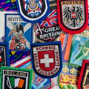 Vintage Travel Patch • Embroidered Iron-On Souvenir Patch •  Europe Flags, Crest & Shield Style •  Great Britain France Ireland Quebec
