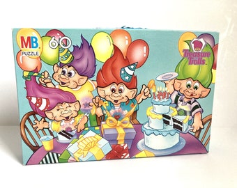 Vintage 1992 60-Piece Treasure Trolls Birthday Party Puzzle - Milton Bradley - Complete