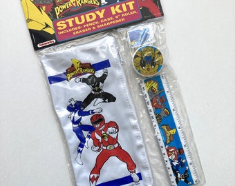 Vintage Mighty Morphin Power Rangers Study Kit - Pencil Case, Ruler, Eraser and Sharpener - 1993 - In Original Packaging