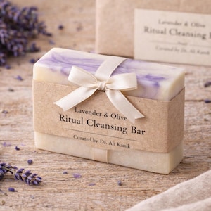 Può includere: Una saponetta rettangolare alla lavanda e oliva con un vortice viola chiaro, avvolta in una fascia di carta marrone e legata con un nastro bianco. Il testo "Lavender & Olive Ritual Cleansing Bar" è stampato sulla fascia. Rametti di lavanda sparsi.