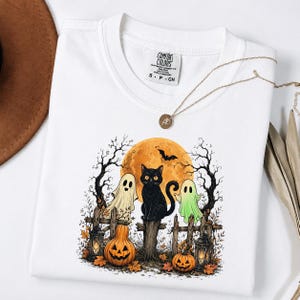 Vintage Black Cat Halloween Shirt, Spooky Full Moon TShirt, Cute Ghosts Pumpkin Patch Tee, Fall Autumn Cottagecore Shirt,Cat Lover Halloween
