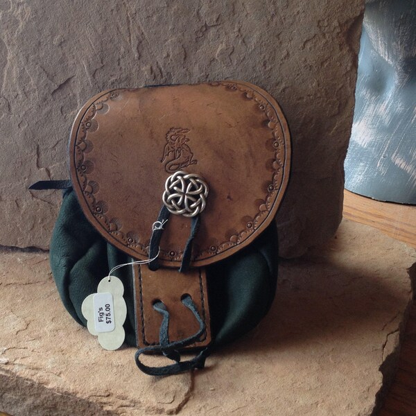 Handmade Leather Sporran Bag with Outer Celtic Knot Closure, Genuine Cowhide, Brown Kilt Bag with Hunter Green Pouch for Your Highlander