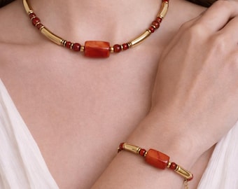 Collier et  Bracelet Agate Orange Véritable , Perles Naturelles et Tubes Acryliques ,Bijoux Énergétiques , Ensemble Femme , Cadeau Unique
