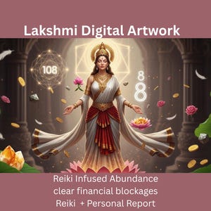 May include: Digital artwork depicting Lakshmi, a Hindu goddess, in traditional dress. The image includes the text "Lakshmi Digital Artwork" and "Reiki Infused Abundance". The artwork has a soft, ethereal quality with floating elements and symbols, evoking a sense of spirituality.