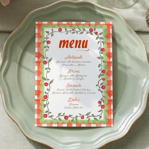 Menusjabloon Italiaans etentje, bewerkbare digitale menukaart, pizzapasta tafelmenu, vintage mediterrane zomer, Italiaans themadecor