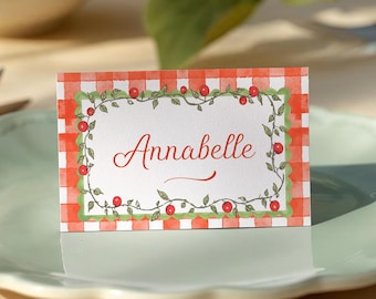 Italienische Tischkartenvorlage, Vintage italienische Dinner Party Tischdekoration, bearbeitbare mediterrane Sitzkarte, tomatenrotes Gingham-Namensschild