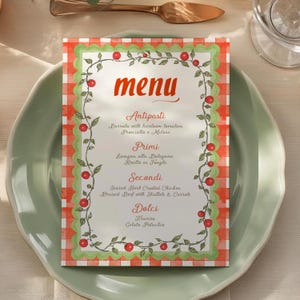 Modello di menu italiano, menu digitale modificabile per cene, menu per pizza e pasta, tema estivo mediterraneo vintage, arredamento a tema italiano