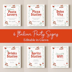 Könnte beinhalten: Sechs italienische Party-Schilder mit weißem Hintergrund und rotem Rand. Jedes Schild hat einen anderen Titel, wie "Pasta Lovers" und "Pizza Station", mit dekorativen Elementen aus roten Beeren und grünen Ranken. Die Schilder sind in Canva editierbar.