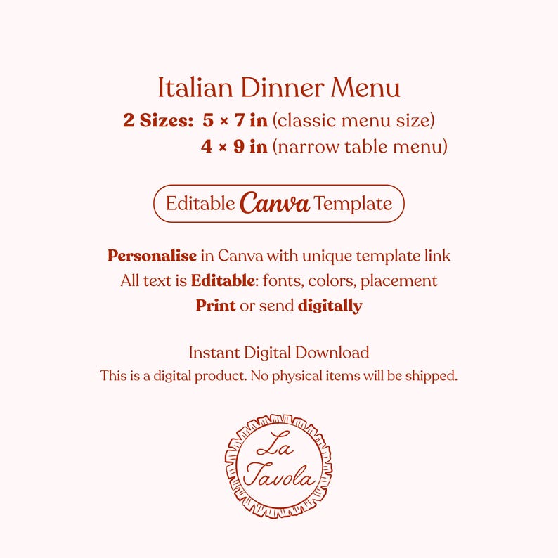 Italian Menu Template, Editable Dinner Party Digital Menu Card, Pizza ...