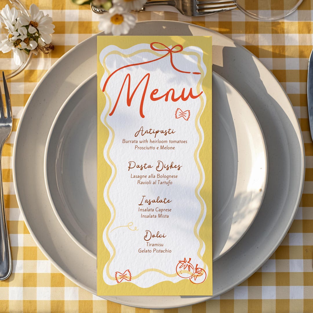Italian Menu Card With Bow, Handwritten Pasta Party Menu Template ...