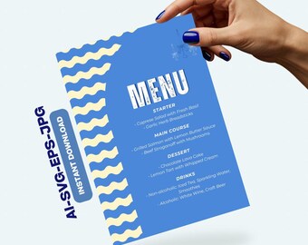 Blue Retro Menu Template, Editable Dinner Menu Sign, Wavy Minimalist Menu, Printable Wedding Menu, Modern Event Menu Card