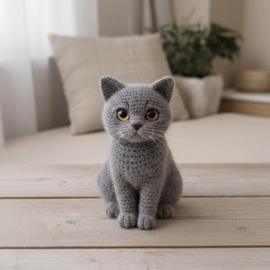 以下が含まれることがあります： 大きな琥珀色の目を持つ、手作りの灰色の編み猫の置物。猫は明るい色の木製の表面に直立して座っています。猫は尖った耳、詳細な鼻、ひげを持っています。背景にはクッションと植物が含まれています。