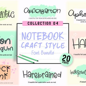 May include: A collection of fonts, including "Aphantia", "Appelgarten", and "Aphorism", displayed on a white background with colourful accents. The image showcases a "Notebook Craft Style Font Bundle" with 20 fonts, and two green pencils.