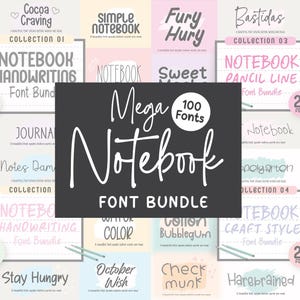 Può includere: Un pacchetto di font digitali con 100 font, etichettato come "Mega Notebook Font Bundle". L'immagine presenta vari stili di font, tra cui font di scrittura a mano e a tratto di matita, con una morbida tavolozza di colori pastello. Ogni set di font include 20 font.