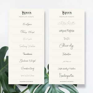 May include: Two cream-colored cards showcasing various font styles. Each card features the "Typera Font Library" logo and the words "Premium Fonts." The left card displays fonts like "Evelyne" and "Fancy Script." The right card shows fonts such as "Kitson Ruttle" and "Iridescent Mastletoe."