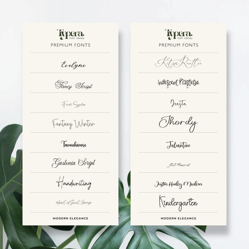 May include: Two cream-colored cards showcasing various font styles. Each card features the "Typera Font Library" logo and the words "Premium Fonts." The left card displays fonts like "Evelyne" and "Fancy Script." The right card shows fonts such as "Kitson Ruttle" and "Iridescent Mastletoe."