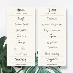 May include: Two cream-colored cards showcasing various font styles from the "Tipera Font Library." Each card displays a list of font names in elegant cursive and sans-serif styles. The words "Premium Fonts" and "Modern Elegance" are also visible.