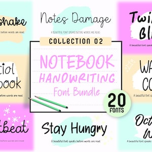 Könnte beinhalten: Grafik, die ein Schriftarten-Paket mit 20 Schriftarten zeigt. Das Bild zeigt verschiedene Schriftarten wie "Milkshake", "Notebook Handwriting" und "October Wish". Jede Schriftart wird mit einem Beispielsatz dargestellt, und das Design ist farbenfroh.