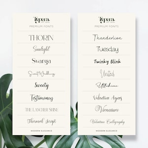 May include: Two cream-colored cards showcasing various font styles from the "Kipera Font Library." Each card displays a selection of fonts, including "THORIN," "Sunlight," and "Thunderlion." The text "MODERN ELEGANCE" is at the bottom of each card.