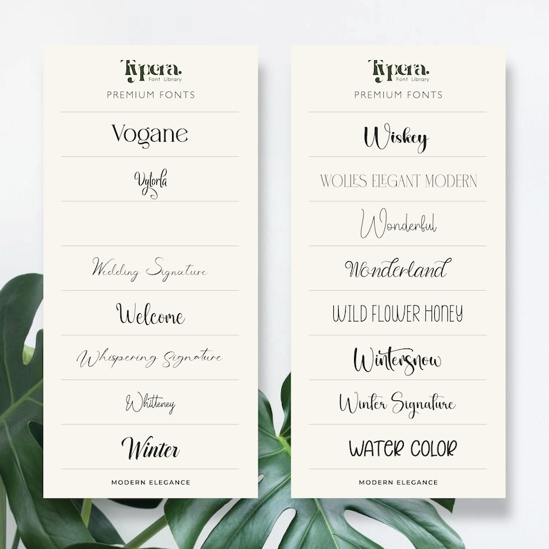 May include: Two cream-colored cards showcasing various font styles from the Tipera Font Library. The cards display font names like Vogane, Wiskey, and Winter, with the text "Premium Fonts" at the top. The words "Modern Elegance" are at the bottom.