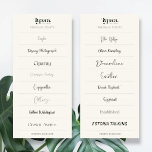 May include: Two cream-colored cards showcasing a variety of premium fonts from the Typera Font Library. Each card displays a list of font names in different styles, including "Cayla," "Disney Photograph," and "Estoria Talking." The cards are set against a backdrop of green leaves.