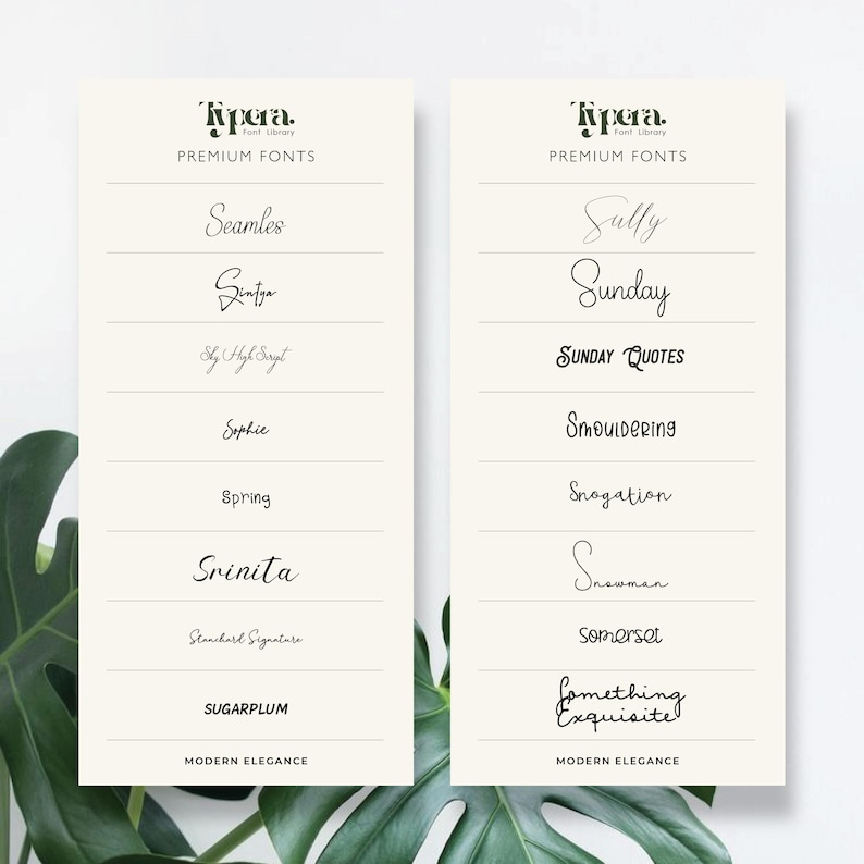 May include: Two cream-colored cards showcasing premium fonts from the Typera Font Library. Each card displays font names in various styles, including "Seamles," "Sintza," "Sully," and "Sunday." The cards are labeled "Modern Elegance."