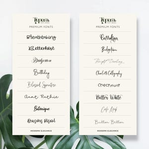 May include: Two cream-colored cards showcasing a variety of premium fonts from the Typera Font Library. Each card displays a selection of elegant fonts with names like "Breathtaking" and "Carrolina". The cards are set against a backdrop of green leaves.
