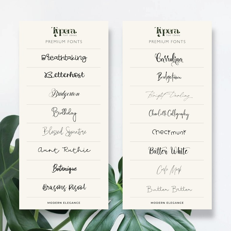 May include: Two cream-colored cards showcasing a variety of premium fonts from the Typera Font Library. Each card displays a selection of elegant fonts with names like "Breathtaking" and "Carrolina". The cards are set against a backdrop of green leaves.