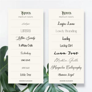 May include: Two cream-colored cards with font samples. The left card displays fonts like "Lamborgini" and "Larasita." The right card shows "Login Love" and "Lucky Girl." Both cards have "Tipera Font Library" at the top and "Modern Elegance" at the bottom.