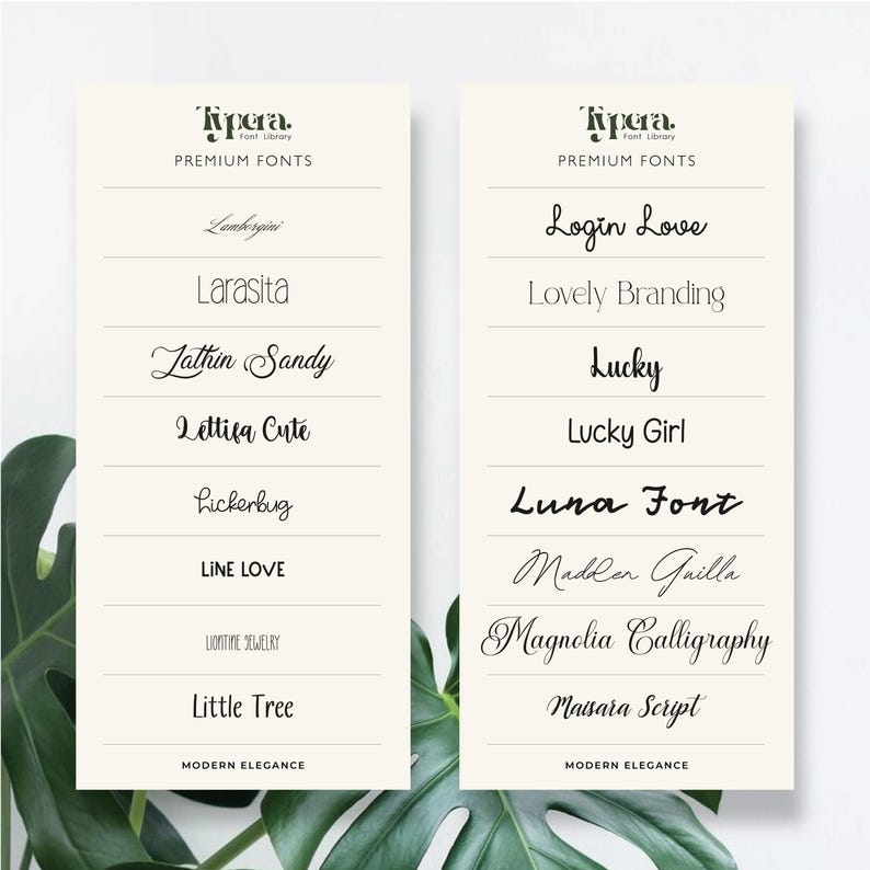 May include: Two cream-colored cards with font samples. The left card displays fonts like "Lamborgini" and "Larasita." The right card shows "Login Love" and "Lucky Girl." Both cards have "Tipera Font Library" at the top and "Modern Elegance" at the bottom.