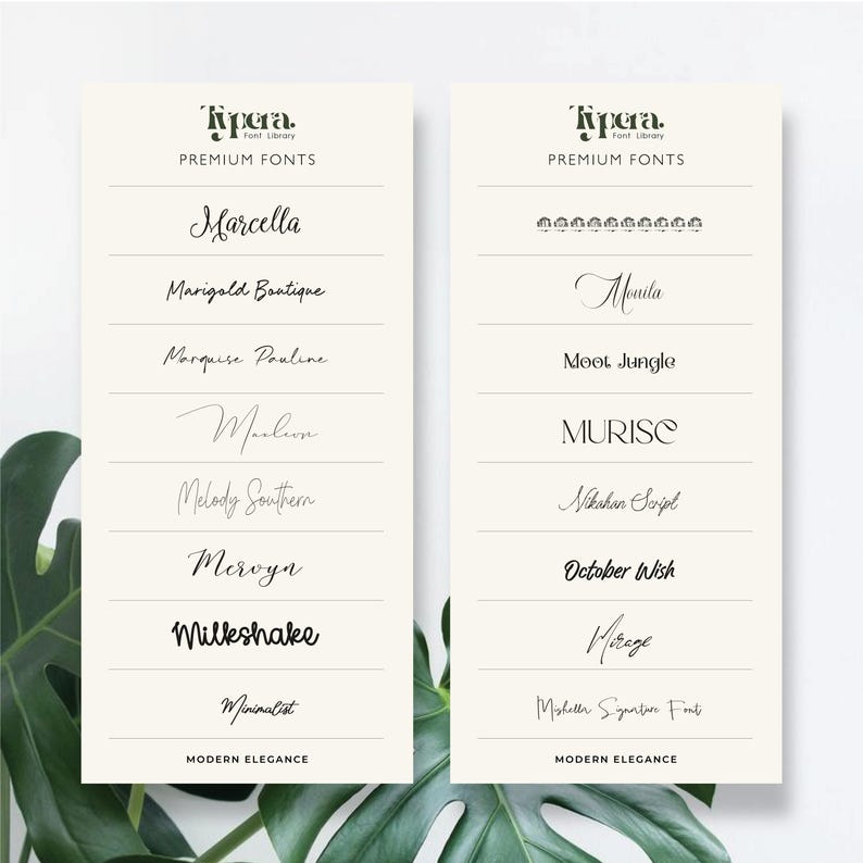 May include: Two cream-colored cards showcasing premium fonts from the "Tipera Font Library." Each card features a list of font names in various styles, including "Marcella," "Milkshake," and "Mirage." The cards are labeled "Modern Elegance."