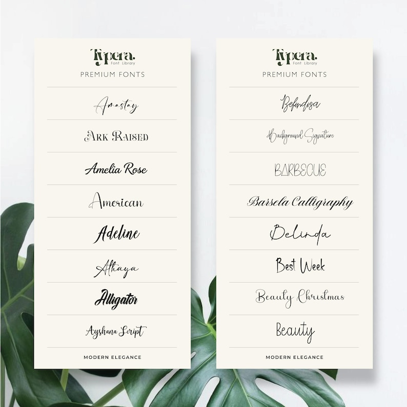 May include: Two cream-colored cards showcasing various font styles from the "Typera Font Library." Each card displays a selection of fonts, including "Amastay," "Ark Raised," and "Amelia Rose." The text "Premium Fonts" and "Modern Elegance" are also visible.