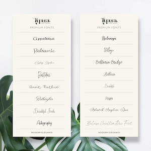May include: Two cream-colored cards with font names in elegant script, including "Appaloosa" and "Belanya." The cards are labeled "Tipera Font Library" and "Premium Fonts." The words "Modern Elegance" are at the bottom.