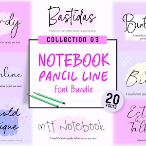 Puede incluir: Un conjunto de 20 fuentes, incluyendo "Notebook Pencil Line Font Bundle", presentado sobre un fondo lila claro. Las fuentes tienen varios estilos, con ejemplos como "Thordy" y "Birthday". También se muestran dos lápices verdes.